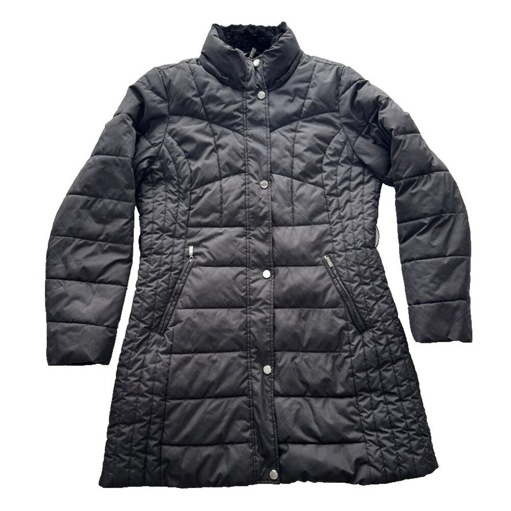 Laundry By Design Long Quilted Puffer Coat Black Faux Fur Hood Womens L